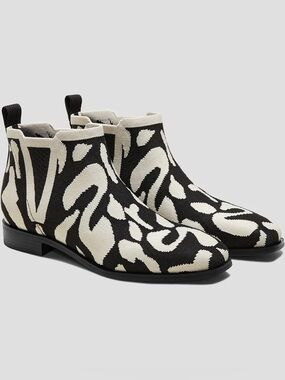 Black & Cream Patterned Knit Chelsea Ankle Boots